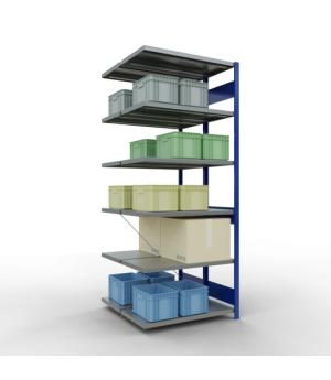 Schwerlastregal Doppel-Anbauregal 2500x1000x(2x500) mm, 2x6 Fachböden, 250 kg Fachlast, Kreuzstrebe, RAL 5010 enzianblau/verzinkt