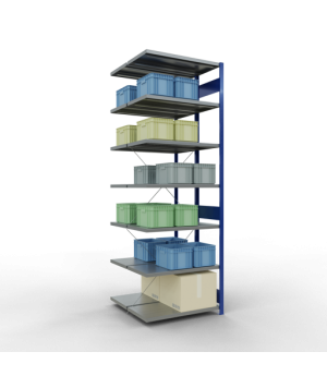 Schwerlastregal Doppel-Anbauregal 3000x1000x(2x500) mm, 2x7 Fachböden, 250 kg Fachlast, Kreuzstrebe, RAL 5010 enzianblau/verzinkt