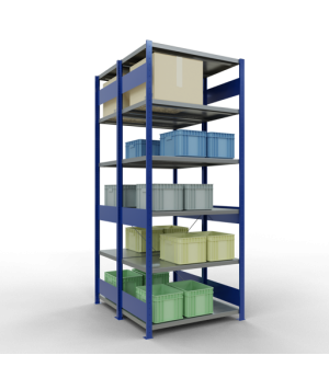 Schwerlastregal Doppel-Grundregal 2500x1000x(2x600) mm, 2x6 Fachböden, 250 kg Fachlast, Kreuzstrebe, RAL 5010 enzianblau/verzinkt