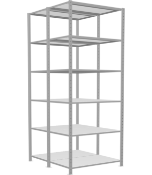Schwerlastregal Doppel-Grundregal 2500x1000x(2x600) mm, 2x6 Fachböden, 250 kg Fachlast, Kreuzstrebe, RAL 7035 lichtgrau