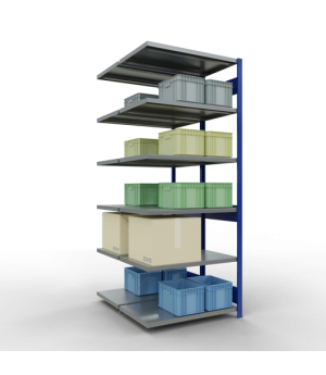 Schwerlastregal Doppel-Anbauregal 2500x1000x(2x600) mm, 2x6 Fachböden, 250 kg Fachlast, Kreuzstrebe, RAL 5010 enzianblau/verzinkt