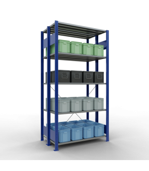 Schwerlastregal Doppel-Grundregal 2000x1000x(2x300) mm, 2x5 Fachböden, 150 kg Fachlast, Kreuzstrebe, RAL 5010 enzianblau/verzinkt