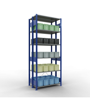 Schwerlastregal Doppel-Grundregal 2500x1000x(2x300) mm, 2x6 Fachböden, 150 kg Fachlast, Kreuzstrebe, RAL 5010 enzianblau/verzinkt