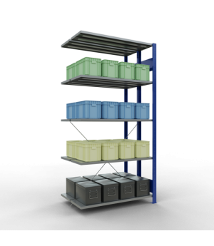 Schwerlastregal Doppel-Anbauregal 2000x1000x(2x300) mm, 2x5 Fachböden, 150 kg Fachlast, Kreuzstrebe, RAL 5010 enzianblau/verzinkt