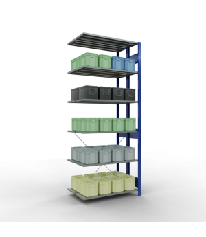 Schwerlastregal Doppel-Anbauregal 2500x1000x(2x300) mm, 2x6 Fachböden, 150 kg Fachlast, Kreuzstrebe, RAL 5010 enzianblau/verzinkt