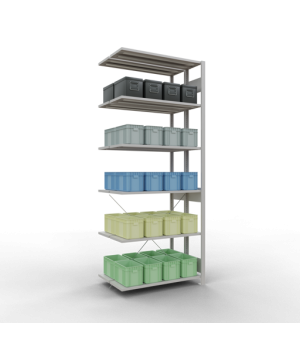 Schwerlastregal Doppel-Anbauregal 2500x1000x(2x300) mm, 2x6 Fachböden, 150 kg Fachlast, Kreuzstrebe, RAL 7035 lichtgrau