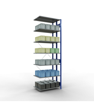 Schwerlastregal Doppel-Anbauregal 3000x1000x(2x600) mm, 2x7 Fachböden, 150 kg Fachlast, Kreuzstrebe, RAL 5010 enzianblau/verzinkt