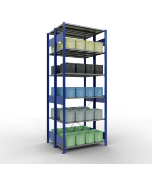 Schwerlastregal Doppel-Grundregal 2500x1000x(2x400) mm, 2x6 Fachböden, 150 kg Fachlast, Kreuzstrebe, RAL 5010 enzianblau/verzinkt