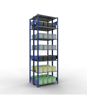Schwerlastregal Doppel-Grundregal 3000x1000x(2x800) mm, 2x7 Fachböden, 150 kg Fachlast, Kreuzstrebe, RAL 5010 enzianblau/verzinkt
