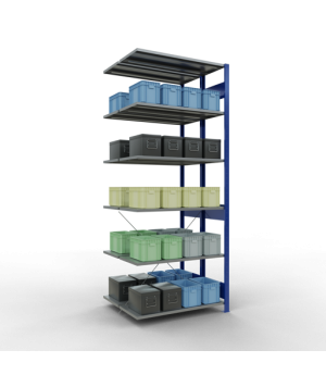 Schwerlastregal Doppel-Anbauregal 2500x1000x(2x400) mm, 2x6 Fachböden, 150 kg Fachlast, Kreuzstrebe, RAL 5010 enzianblau/verzinkt