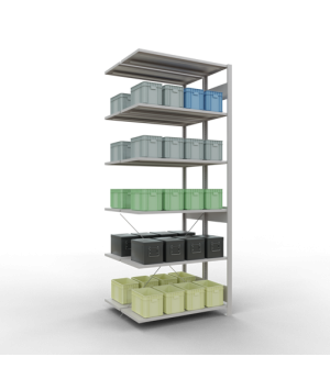 Schwerlastregal Doppel-Anbauregal 2500x1000x(2x400) mm, 2x6 Fachböden, 150 kg Fachlast, Kreuzstrebe, RAL 7035 lichtgrau