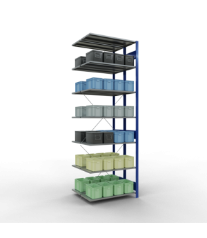 Schwerlastregal Doppel-Anbauregal 3000x1000x(2x800) mm, 2x7 Fachböden, 150 kg Fachlast, Kreuzstrebe, RAL 5010 enzianblau/verzinkt