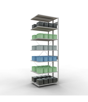 Schwerlastregal Doppel-Anbauregal 3000x1000x(2x800) mm, 2x7 Fachböden, 150 kg Fachlast, Kreuzstrebe, RAL 7035 lichtgrau