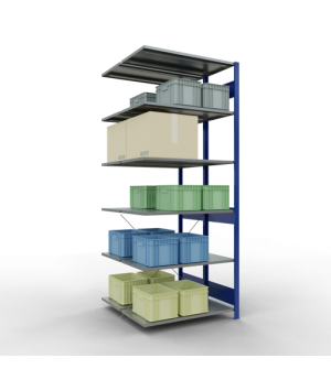 Schwerlastregal Doppel-Anbauregal 2500x1000x(2x500) mm, 2x6 Fachböden, 150 kg Fachlast, Kreuzstrebe, RAL 5010 enzianblau/verzinkt