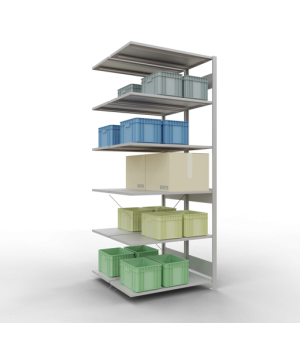 Schwerlastregal Doppel-Anbauregal 2500x1000x(2x500) mm, 2x6 Fachböden, 150 kg Fachlast, Kreuzstrebe, RAL 7035 lichtgrau