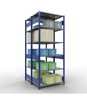 Schwerlastregal Doppel-Grundregal 2500x1000x(2x600) mm, 2x6 Fachböden, 150 kg Fachlast, Kreuzstrebe, RAL 5010 enzianblau/verzinkt