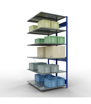 Schwerlastregal Doppel-Anbauregal 2500x1000x(2x600) mm, 2x6 Fachböden, 150 kg Fachlast, Kreuzstrebe, RAL 5010 enzianblau/verzinkt