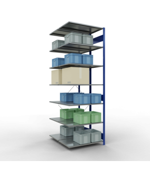 Schwerlastregal Doppel-Anbauregal 3000x1000x(2x600) mm, 2x7 Fachböden, 150 kg Fachlast, Kreuzstrebe, RAL 5010 enzianblau/verzinkt