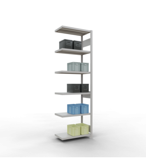 Schwerlastregal Anbauregal 2500x750x400 mm, 6 Fachböden, 250 kg Fachlast, Kreuzstrebe, RAL 7035 lichtgrau, T-Profil Ständerrahmen MULTIplus vormontiert