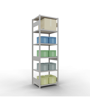 Schwerlastregal Grundregal 2500x750x600 mm, 6 Fachböden, 250 kg Fachlast, Längenriegel, RAL 7035 lichtgrau