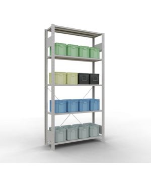 Schwerlastregal Grundregal 2000x1000x300 mm, 5 Fachböden, 85 kg Fachlast, Kreuzstrebe, RAL 7035 lichtgrau