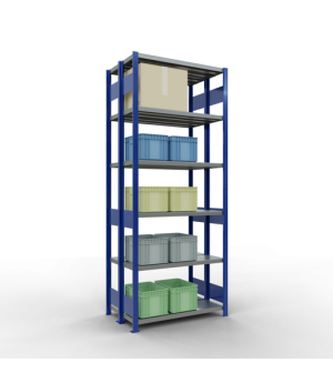 Schwerlastregal Doppel-Grundregal 2500x1000x(2x300) mm, 2x6 Fachböden, 250 kg Fachlast Längenriegel, RAL 5010 enzianblau/verzinkt