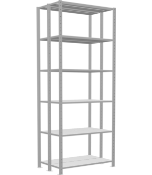 Schwerlastregal Doppel-Grundregal 2500x1000x(2x300) mm, 2x6 Fachböden, 250 kg Fachlast Längenriegel, RAL 7035 lichtgrau