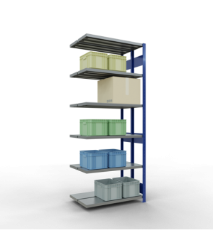 Schwerlastregal Doppel-Anbauregal 2500x1000x(2x300) mm, 2x6 Fachböden, 250 kg Fachlast Längenriegel, RAL 5010 enzianblau/verzinkt