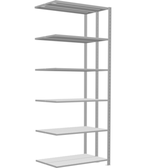 Schwerlastregal Doppel-Anbauregal 2500x1000x(2x300) mm, 2x6 Fachböden, 250 kg Fachlast Längenriegel, RAL 7035 lichtgrau