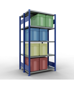 Schwerlastregal Doppel-Grundregal 2000x1000x(2x400) mm, 2x5 Fachböden, 250 kg Fachlast Längenriegel, RAL 5010 enzianblau/verzinkt