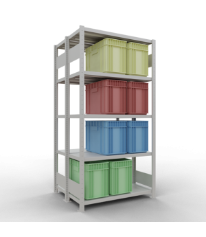 Schwerlastregal Doppel-Grundregal 2000x1000x(2x400) mm, 2x5 Fachböden, 250 kg Fachlast Längenriegel, RAL 7035 lichtgrau