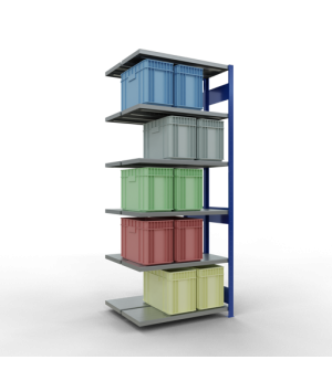 Schwerlastregal Doppel-Anbauregal 2500x1000x(2x400) mm, 2x6 Fachböden, 250 kg Fachlast Längenriegel, RAL 5010 enzianblau/verzinkt