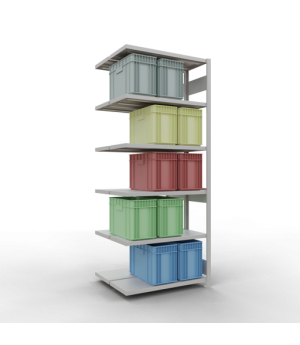 Schwerlastregal Doppel-Anbauregal 2500x1000x(2x400) mm, 2x6 Fachböden, 250 kg Fachlast Längenriegel, RAL 7035 lichtgrau