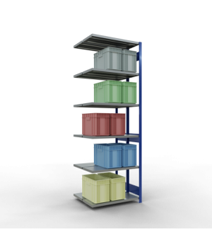 Schwerlastregal Doppel-Anbauregal 3000x1000x(2x400) mm, 2x7 Fachböden, 250 kg Fachlast Längenriegel, RAL 5010 enzianblau/verzinkt