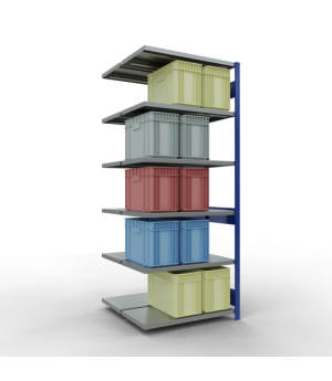 Schwerlastregal Doppel-Anbauregal 2500x1000x(2x500) mm, 2x6 Fachböden, 250 kg Fachlast Längenriegel, RAL 5010 enzianblau/verzinkt