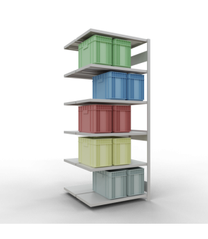 Schwerlastregal Doppel-Anbauregal 2500x1000x(2x500) mm, 2x6 Fachböden, 250 kg Fachlast Längenriegel, RAL 7035 lichtgrau