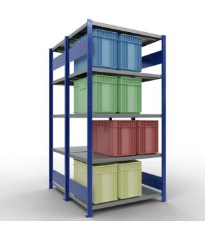 Schwerlastregal Doppel-Grundregal 2000x1000x(2x600) mm, 2x5 Fachböden, 250 kg Fachlast Längenriegel, RAL 5010 enzianblau/verzinkt