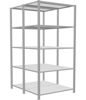 Schwerlastregal Doppel-Grundregal 2000x1000x(2x600) mm, 2x5 Fachböden, 250 kg Fachlast Längenriegel, RAL 7035 lichtgrau