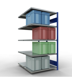 Schwerlastregal Doppel-Anbauregal 2000x1000x(2x600) mm, 2x5 Fachböden, 250 kg Fachlast Längenriegel, RAL 5010 enzianblau/verzinkt