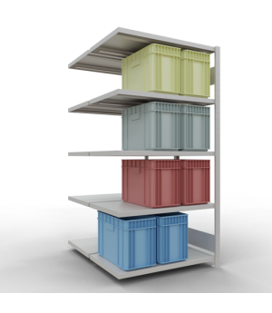 Schwerlastregal Doppel-Anbauregal 2000x1000x(2x600) mm, 2x5 Fachböden, 250 kg Fachlast Längenriegel, RAL 7035 lichtgrau
