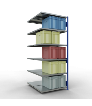 Schwerlastregal Doppel-Anbauregal 2500x1000x(2x600) mm, 2x6 Fachböden, 250 kg Fachlast Längenriegel, RAL 5010 enzianblau/verzinkt
