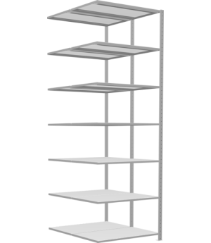 Schwerlastregal Doppel-Anbauregal 2500x1000x(2x600) mm, 2x6 Fachböden, 250 kg Fachlast Längenriegel, RAL 7035 lichtgrau