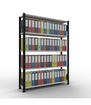 Büroregal Steckregal Grundregal 1800x1300x300 mm, 5 Fachböden, 85 kg Fachlast, Kreuzstrebe, schwarz/RAL 7035 lichtgrau, mit Anschlagleiste
