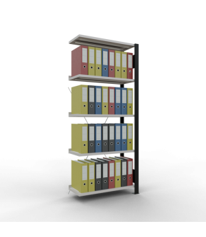 Büroregal Steckregal Anbauregal 1800x750x300 mm, 5 Fachböden, 85 kg Fachlast, Kreuzstrebe, schwarz/RAL 7035 lichtgrau, mit Anschlagleiste