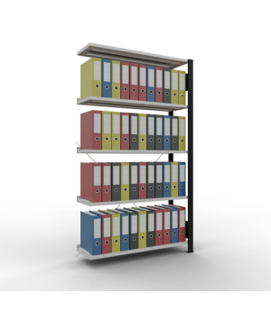 Büroregal Steckregal Anbauregal 1800x1000x300 mm, 5 Fachböden, 85 kg Fachlast, Kreuzstrebe, schwarz/RAL 7035 lichtgrau, mit Anschlagleiste
