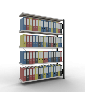 Büroregal Steckregal Anbauregal 1800x1300x300 mm, 5 Fachböden, 85 kg Fachlast, Kreuzstrebe, schwarz/RAL 7035 lichtgrau, mit Anschlagleiste