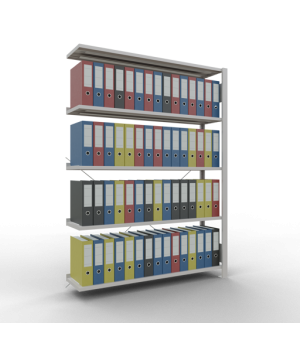 Büroregal Steckregal Anbauregal 1800x1300x300 mm, 5 Fachböden, 85 kg Fachlast, Kreuzstrebe, RAL 7035 lichtgrau, mit Anschlagleiste