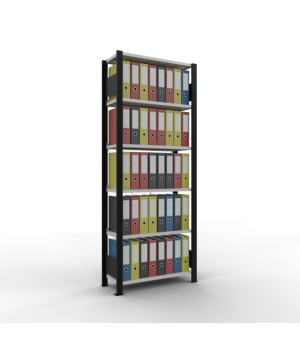 Büroregal Steckregal Grundregal 2000x750x300 mm, 6 Fachböden, 85 kg Fachlast, Kreuzstrebe, schwarz/RAL 7035 lichtgrau, mit Anschlagleiste