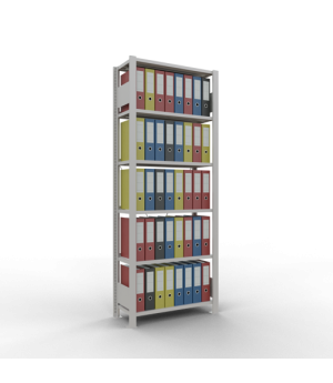 Büroregal Steckregal Grundregal 2000x750x300 mm, 6 Fachböden, 85 kg Fachlast, Kreuzstrebe, RAL 7035 lichtgrau, mit Anschlagleiste