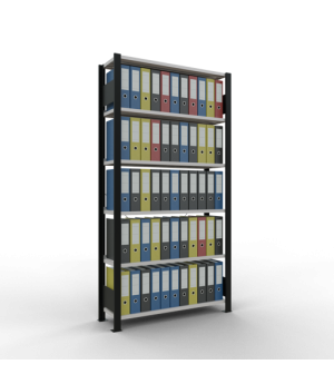 Büroregal Steckregal Grundregal 2000x1000x300 mm, 6 Fachböden, 85 kg Fachlast, Kreuzstrebe, schwarz/RAL 7035 lichtgrau, mit Anschlagleiste